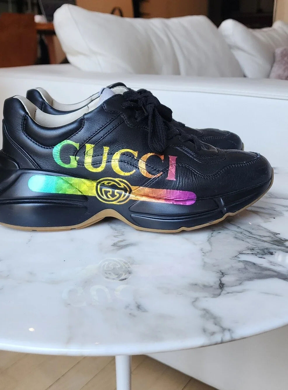 Gucci Rhyton Women's Black Leather Sneakers with Rainbow Logo Graphic Size 7.5 - Picture 4 of 12